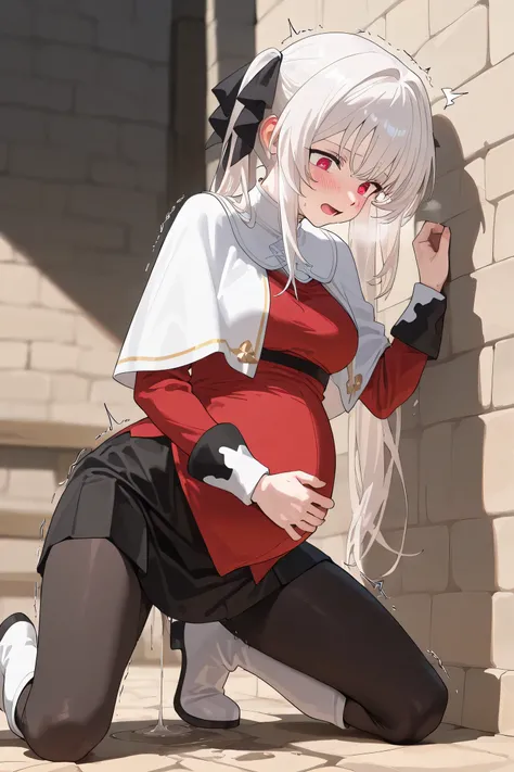 (Best quality, 4k, 8k, high resolution, masterpiece:1.2), ultra detailed, intricate details, beautiful girl, SOLO,  alone, long white hair, bangs, red colored eyes, small-medium breasts, perfect smooth skin, head tilted, (Pregnant:1.2), black ribbon hair, ...