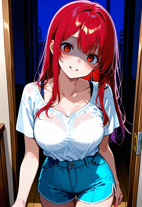 red hair,long hair,medium breasts,medium ass,casual clothing,yandere,yandere,(shaded face:0.7),(empty eyes:0.7),head tilt,looking at pov