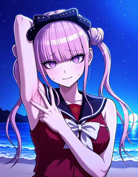 kako, pink hair, purple eyes, twintails, double bun, bow, blunt bangs, red serafuku, black sailor collar, sleeveless, high quality, closed mouth, solo, upper body, night sky, beach, <lora:spread-armpit-illustriousxl-lora-nochekaiser:1>, spread armpit, armp...