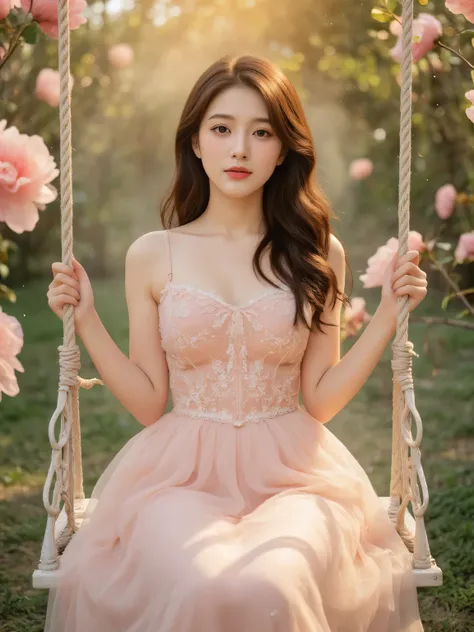 A hyper-realistic full-body portrait of a beautiful young Asian woman with flawless fair skin and long wavy brown hair. She is sitting front-facing on a vintage white swing, gracefully posing with her hands resting on the ropes. Her expression is calm and ...