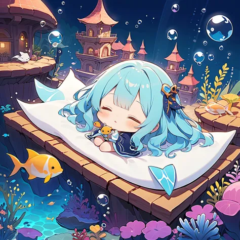 cute、 chibi、Underwater City、（A fantastic world where the light of the full moon shines into the sea）、cute、 chibi、(come on a fuwamoko manta costume）、Sleeping angel、UNDERWATER_SCENE,aqua、（milky white to blue gradation hair color）、（My hair is shaky in the dee...