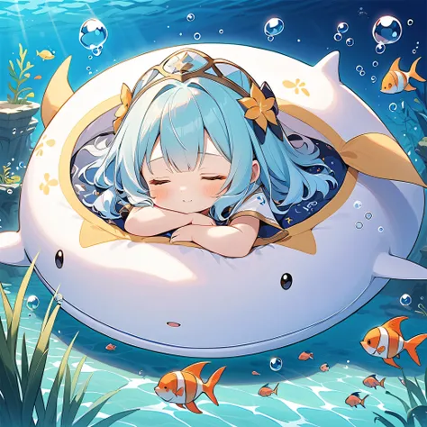 cute、 chibi、Underwater City、（A fantastic world where the light of the full moon shines into the sea）、cute、 chibi、(come on a fuwamoko manta costume）、Sleeping angel、UNDERWATER_SCENE,aqua、（milky white to blue gradation hair color）、（My hair is shaky in the dee...