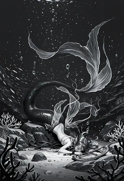 monochrome, greyscale, sketch, solo, 1 monster girl, Siren, living hair, head fins, sheer-silk capelet, white bandeau bikini, wristband, sheer-silk waist cape, mermaid, lying, sleeping, bent over, holding harp, underwater, seafloor, rock, fish, bubble, cor...