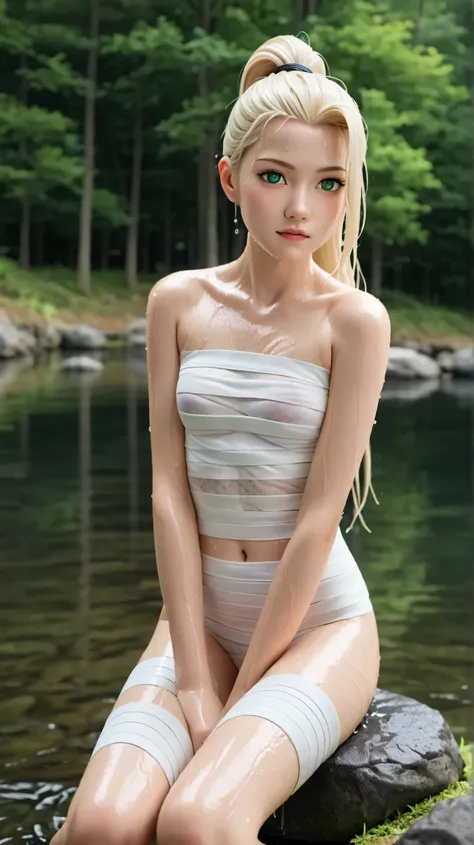 1girl, solo,yamanaka ino,emerald eyes,blonde hair,long hair,outdoors,potrait,forest,small breast, navel,(lake background:1.4),sitting on stone,ponytail,(bandaged body:1.5),(wet body:1.5)