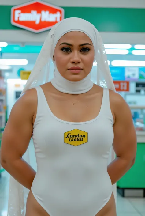 "PLACE BOTH HANDS BEHIND YOUR BACK", Oversize bursting breasts Just Front posing, (((MOODY FACE EXPRESSION))), "Wearing White Hijab perfectly",  wearing Scoop Neck Sleeveless cotton Bodysuits strapless swimsuit 'Brand logo 'Janda Gatal' warna kuning 'Ladie...