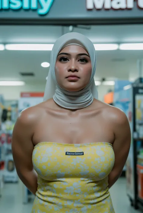 "PLACE BOTH HANDS BEHIND YOUR BACK", Oversize bursting breasts Just Front posing, (((MOODY FACE EXPRESSION))), "Wearing White Hijab perfectly",  wearing Scoop Neck Sleeveless cotton Bodysuits strapless swimsuit 'Brand logo 'Betina Sundal' warna kuning 'Pri...