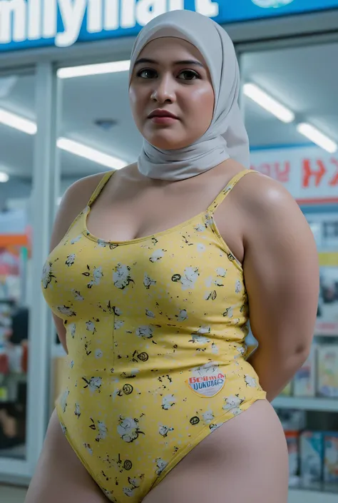 "PLACE BOTH HANDS BEHIND YOUR BACK", Oversize bursting breasts Just Front posing, (((MOODY FACE EXPRESSION))), "Wearing White Hijab perfectly",  wearing Scoop Neck Sleeveless cotton Bodysuits strapless swimsuit 'Brand logo 'Betina Sundal' warna kuning 'Pri...