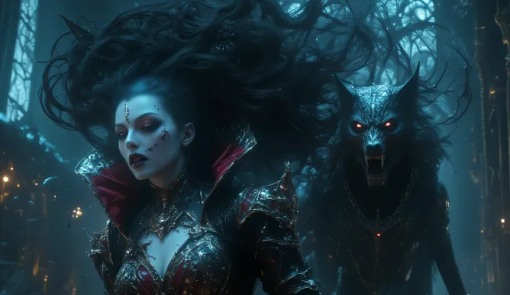 A masterfully detailed scene of supernatural tension: an exquisite vampire queen in transcendent ecstasy, her hair floating in a perfect dark halo above her head, while a massive, intricately detailed werewolf stalks behind her, every strand of fur and fan...