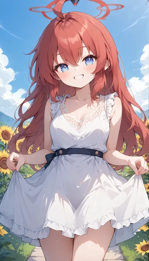 maki (blue archive),blue eyes,red hair,straight hair,long hair,ahoge,halo, 　solo, I can see my eyebrows from the inside of my hair, hair between eyes,　 is embarrassing, masterpiece, Best Quality, very aesthetic, thick thighs, Wide pelvis,　sleeveless white ...