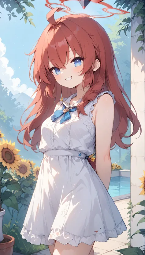 maki (blue archive),blue eyes,red hair,straight hair,long hair,ahoge,halo, 　solo, I can see my eyebrows from the inside of my hair, hair between eyes,　 is embarrassing, masterpiece, Best Quality, very aesthetic, thick thighs, Wide pelvis,　sleeveless white ...