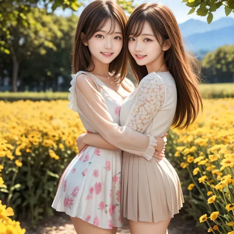 A wide, open meadow filled with vibrant, colorful wildflowers. In the distance, majestic mountains rise under a clear blue sky. Two young Japanese girls are standing in the middle of the flower field, smiling warmly as they embrace each other in a friendly...