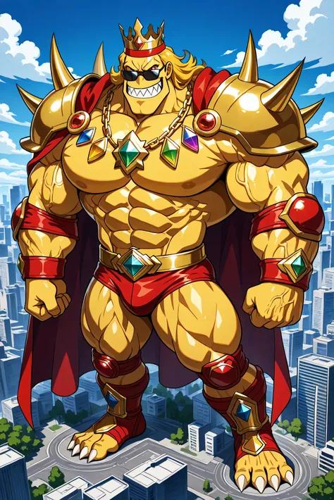 a giant strong muscular yellow octopus, yellow skin, sharp teeth, sharp claws, 8 gigantic powerful muscular tentacles arms, a very long blonde golden hair, enormous chin, scars, veins, tattoos, bigger cartoon red eyes, sunglasses on his forehead, wearing r...