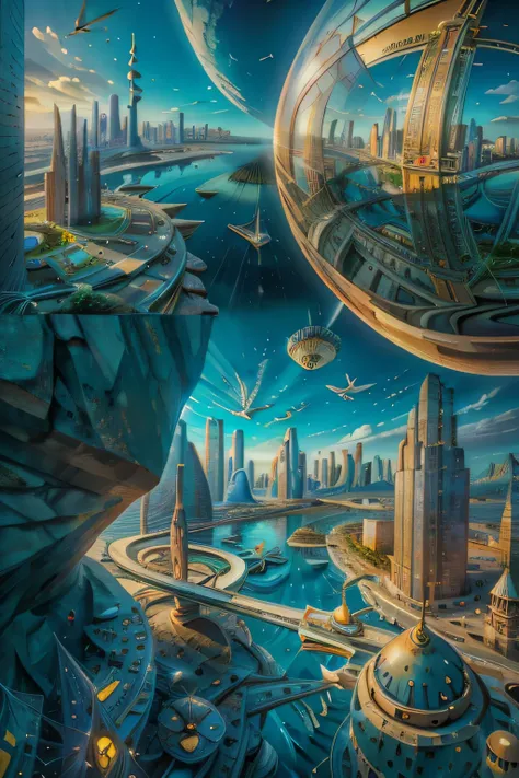  ( Surrealism ) a surreal scene，where the 20th century city floats in the sky，while the city of the 1960s floats at the bottom of the sea, Afro-European geometry, and an abstract sitar，Hallucinations , puzzling chaos, sacred and magical, realistic photo,  ...