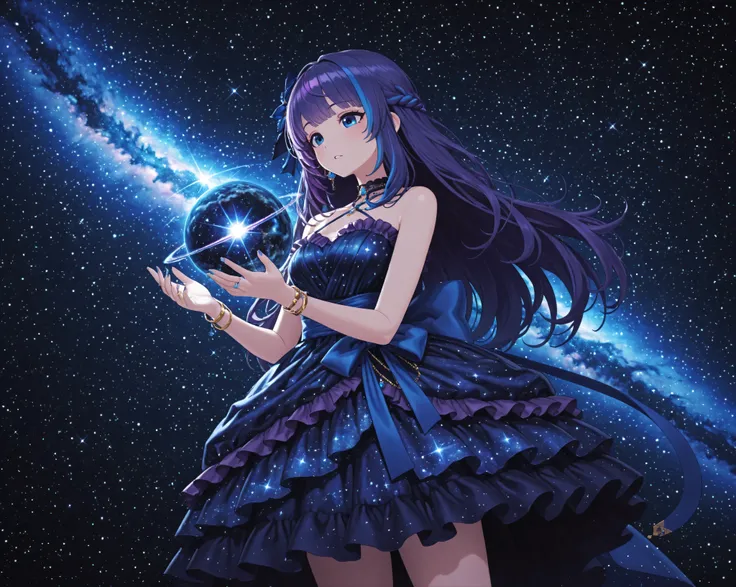 virtual youtuber, aoi_costume4, multicolored hair, streaked hair, purple hair, blue hair, long hair, blue eyes,{{masterpiece}}}, {{{best quality}}}, {{ultra-detailed}}, {illustration}, {{an extremely delicate and beautiful}},anime style,1girl, long dress, ...