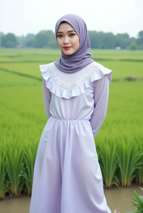 Just Front photo, wear a pastel translucent (periwinkle) leggings closed my center, Tetek besar melayut, hijab hijab hijab  hijab, (photorealistic:1.6), background rice paddy. daytime atmosphere, don't put any rope! flat chest!, duduk di atas kerusi kaca, ...