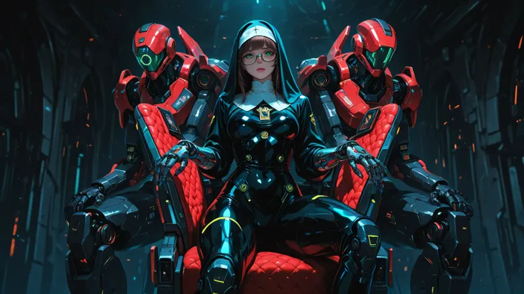 mecha, robot, armor, bodysuit, mechanical arms, science fiction, no humans,cyborg-sg,science fiction,cyborg,,morimee_style,cute face,nun,latex,bdsm outfit,color contrast, niji style, niji, sharp lighting, neon color palette, high contrast, surrealistic glo...