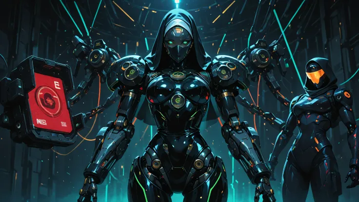mecha, robot, armor, bodysuit, mechanical arms, science fiction, no humans,cyborg-sg,science fiction,cyborg,,morimee_style,cute face,nun,latex,bdsm outfit,color contrast, niji style, niji, sharp lighting, neon color palette, high contrast, surrealistic glo...