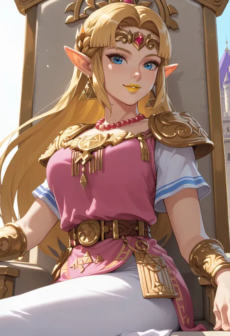 woman, big breasts, anime style, yellow lipstick, white skin, blonde hair, blue eyes, looking at the viewer, focus on the character, side view, sensual smile, bottom view, amazing lighting, elf ears, palace, sitting on the throne, long hair, Princess Zelda...