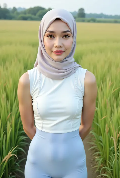 Just Front photo, wear a pastel translucent (periwinkle) leggings closed my center, Tetek besar melayut, hijab hijab hijab  hijab, (photorealistic:1.6), background rice paddy. daytime atmosphere, don't put any rope! flat chest!, duduk di atas kerusi kaca, ...