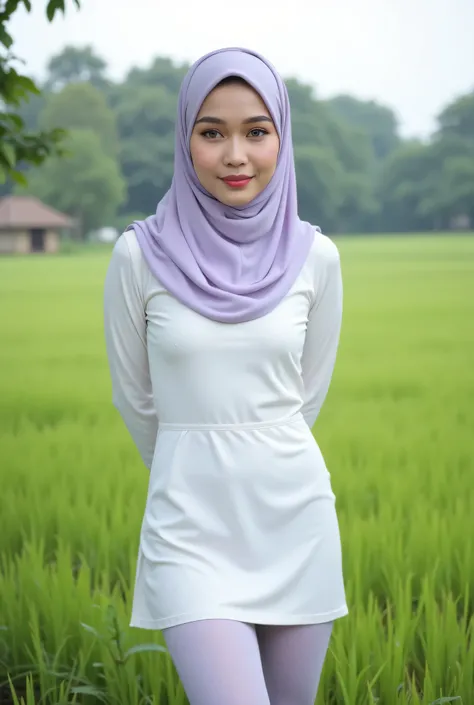 Just Front photo, wear a pastel translucent (periwinkle) leggings closed my center, Tetek besar melayut, hijab hijab hijab  hijab, (photorealistic:1.6), background rice paddy. daytime atmosphere, don't put any rope! flat chest!, duduk di atas kerusi kaca, ...