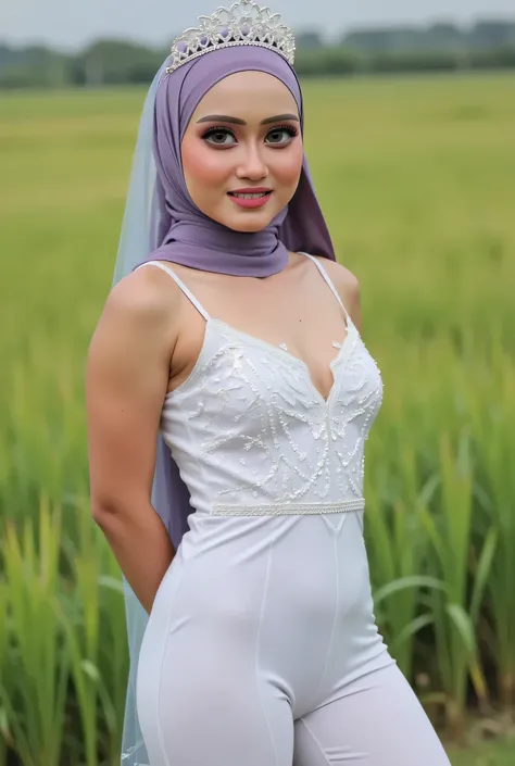 Just Front photo, wear a pastel translucent (periwinkle) leggings closed my center, Tetek besar melayut, hijab hijab hijab  hijab, (photorealistic:1.6), background rice paddy. daytime atmosphere, don't put any rope! flat chest!, duduk di atas kerusi kaca, ...