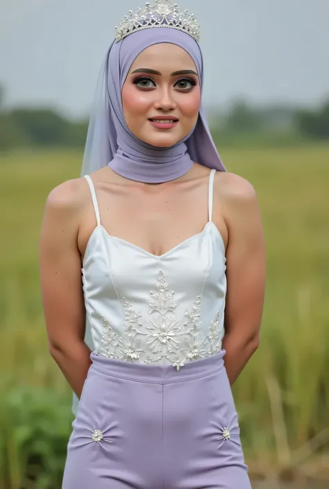 Just Front photo, wear a pastel translucent (periwinkle) leggings closed my center, Tetek besar melayut, hijab hijab hijab  hijab, (photorealistic:1.6), background rice paddy. daytime atmosphere, don't put any rope! flat chest!, duduk di atas kerusi kaca, ...
