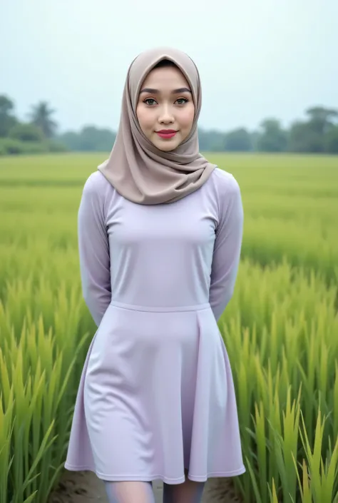 Just Front photo, wear a pastel translucent (periwinkle) leggings closed my center, Tetek besar melayut, hijab hijab hijab  hijab, (photorealistic:1.6), background rice paddy. daytime atmosphere, don't put any rope! flat chest!, duduk di atas kerusi kaca, ...