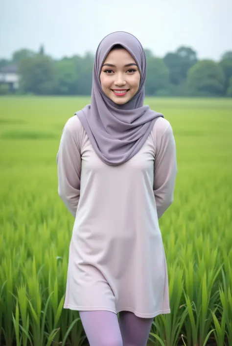 Just Front photo, wear a pastel translucent (periwinkle) leggings closed my center, Tetek besar melayut, hijab hijab hijab hijab, (photorealistic:1.6), background rice paddy. daytime atmosphere, don't put any rope! flat chest!, duduk di atas kerusi kaca, ...