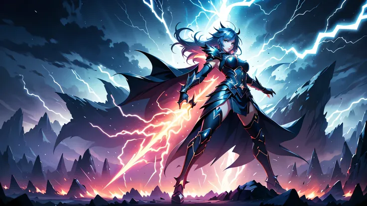(anime style), (masterpiece), (best quality), (highres), (1girl), solo, full body, muscular female, short spiky hair, powerful expression, glowing eyes, full viking-inspired armor, goddess of thunder, divine energy surrounded by overflowing lightning bolts...