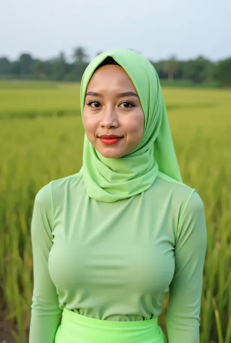 (SSBBW black lipstick), White plain very mini skirt, Tetek besar melayut, (Gigantic Breasts:3.24), Skinny hijab skinny hijab skinny hijab skinny hijab, (photorealistic:1.6) (Indonesian fluorescent green hijab) old mom wear top tank and  background rice pad...