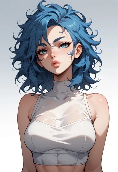 looking at viewer, gradient background, 1girl, medium hair, messy hair, blue hair, blue thin eyebrows, big glowing grey eyes, bright black thick lips, perfect face, beautiful girl, medium breasts, (((white crop top)))