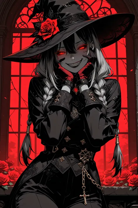 masterpiece, best quality, amazing quality, 1girl, solo, long hair, looking at viewer, smile, open mouth, black hair, long sleeves, gloves, red eyes, hat, hair between eyes, closed eyes, grey hair, braid, flower, heart, cowboy shot, teeth, black gloves, gr...