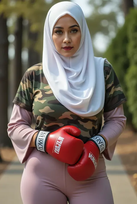 BLOWN IN THE WIND WEARS WHITE HIJAB), PLACE BOTH HANDS BEHIND YOUR BACK, SSBBW HIJAB , (CAMOUFLAGE PRINT SHORT T-SHIRT)  big ass ,  WEARING BOXING GLOVES OVER FIGHTER HUGE BOOBS BURSTING BREASTS, wear a loose drop Looks like a little rubber panties pastel ...