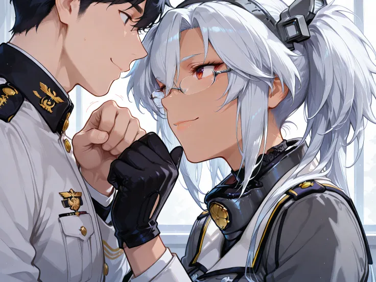 1girl,((Musashi Kai ni,kancolle, headgear,rimless eye wear,black glove,smile Expression, gray Military uniform, confidence)),(1boy wearing white navy officer suit),fist_bump,at office,Anime Style,Chiaroscuro,side view,hand focus,masterpiece, best quality, ...