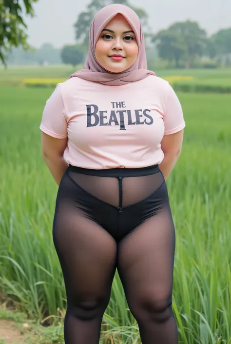 Just Front photo, wear a loose drop Looks like a little rubber panties pastel translucent (black) leggings closed my center, Tetek besar melayut, hijab hijab hijab  hijab, (photorealistic:1.6), background rice paddy. daytime atmosphere, don't put any rope!...