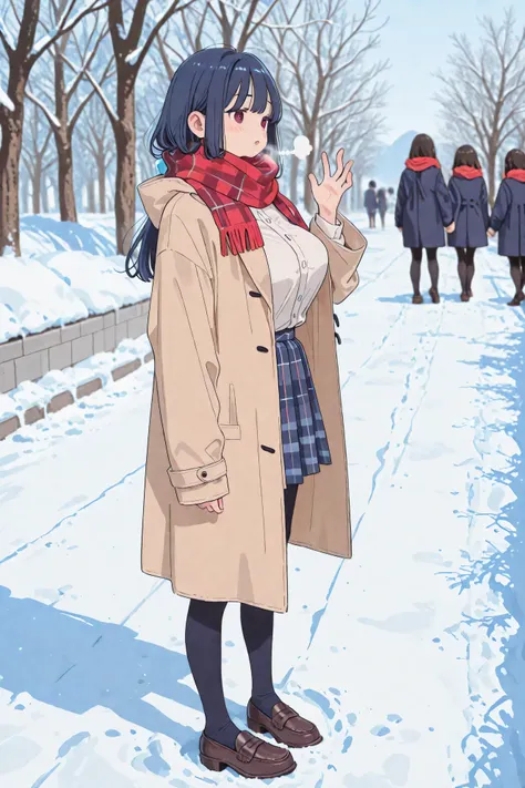 top quality、HIGH DEFINITION、big boobs、masterpiece、Shallow Depth of Field、HDR effects 、Snowy road to school、two high school girls walking carefully hand in hand、one is a dark blue duffle coat and a red scarf、the other is a beige coat with a plaid pattern sc...