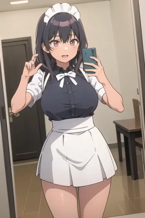 standing,can you draw a busty maid in a sleeveless light dress,woman in a light pleated micro mini skirt,white panties with text,amazing thighs taking a selfie in the mirror ,beautiful legs,High Heels,濡れた服の中に隠されたbig breasts,,,woman with long black hair,sle...