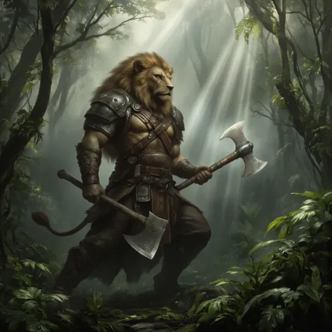 a majestic anthropomorphic lion warrior, muscular build, wearing rugged leather armor and animal fur, dual-wielding Viking battle axes, standing alert in dense tropical jungle, dramatic sunbeams piercing through canopy, dew drops glistening on leaves, atmo...