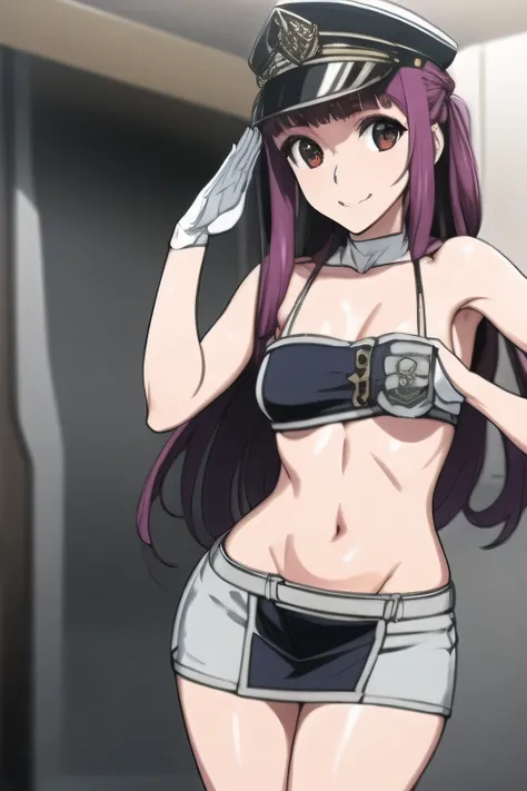 can you draw facial expressions more delicately，woman with long red bean hair，，nice smile，woman in military uniform， I'm saluting ，，light-clad captain uniform，tight miniskirt， ，beautiful legs，，High Heels，，I'm on a spaceship bridge，can you accurately draw d...