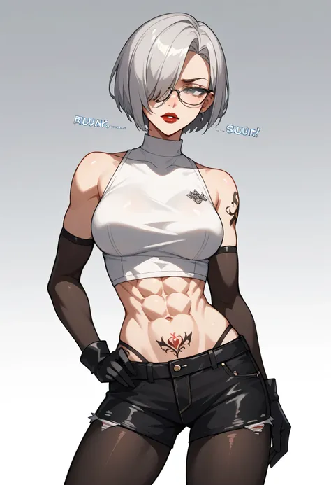 masterpiece, best quality, amazing quality, very aesthetic, newest, cool beauty female assassin, black glossy silky flowing high layered short cut, hair over one eye, lewd expression, seduction, red lips, make up, lewd great body proportion, abs, wearing s...