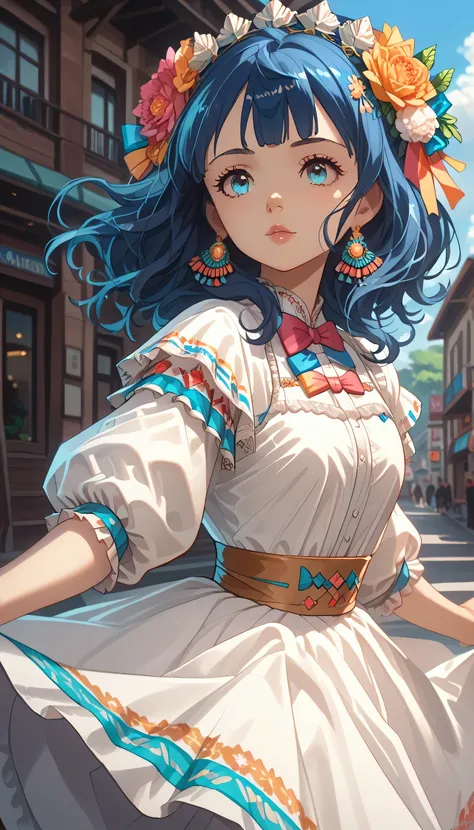 yanamianna, blue eyes, medium hair, blue hair, earrings, MexClothes hair ornament, flower, white dress, frills, traditional clothes, ribbon, puffy sleeves, multicolored clothes, colorful clothes, in an anime-style, outdoors, mexican downtown background, su...