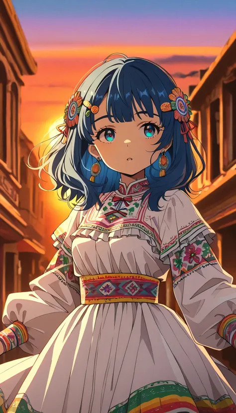 yanamianna, blue eyes, medium hair, blue hair, earrings, MexClothes hair ornament, flower, white dress, frills, traditional clothes, ribbon, puffy sleeves, multicolored clothes, colorful clothes, in an anime-style, outdoors, mexican downtown background, su...