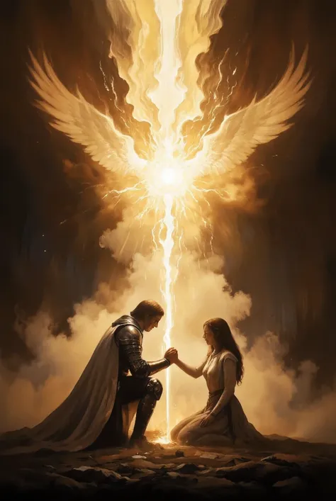 masterpiece, high definition, best quality. First person view of a fallen knight on the battlefield, looking up. A priest woman kneels beside him, glowing with divine light. She holds his hand tightly as golden magical energy flows between them, healing hi...