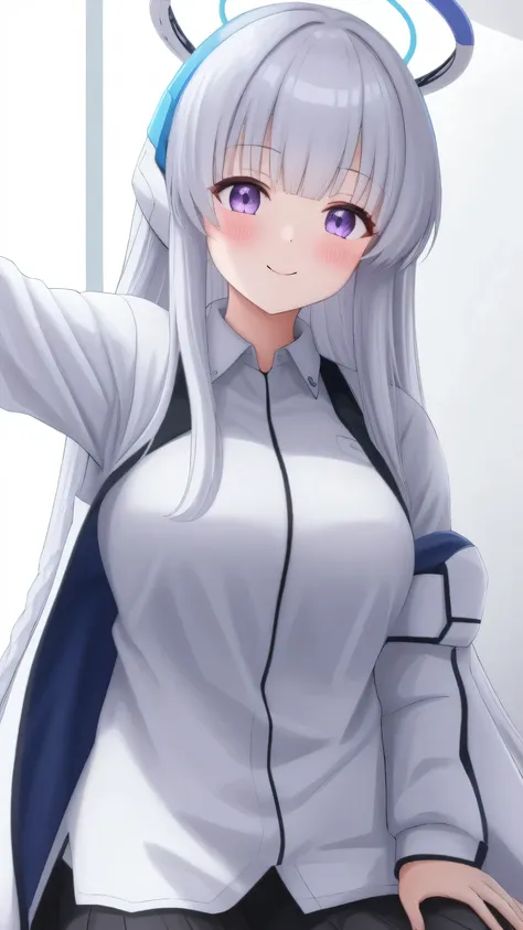 A girl at home, nakaNo._Future, , unique , 衣衫No整, , Purple_ With eyes , White_hair, Long_hair, hair_between_ With eyes , White_, _Outfit, White_ Background and  , Watch_Shown in_ use the following method to view viewerBackground, shirt, sit, Deactivate_, U...