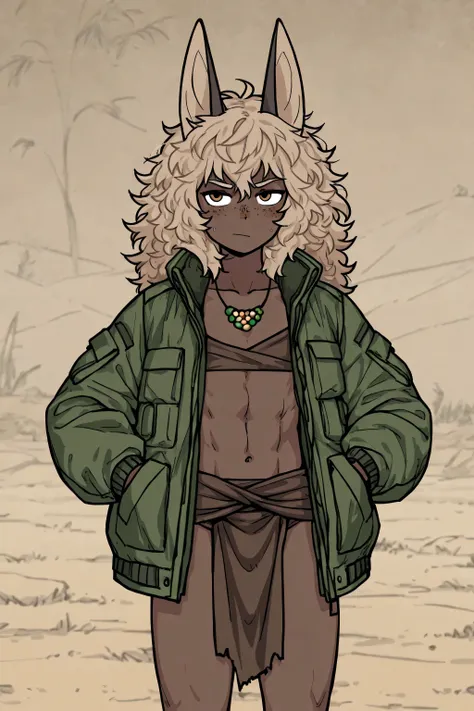 Muscular pretty tomboy, soft face; has loincloth, very dark skin, brown skin, has many freckles, cargo jacket, olive drab, MARPAT, jackal ears, African, completely flat chest; long messy blond hair