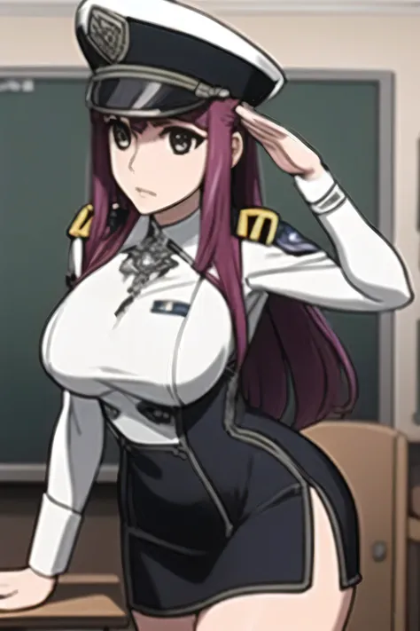 can you draw the overall particles more delicately，can you draw facial expressions even more delicately，can you draw particles more delicately，ブルーグレー色Military uniformの女性，Greeting pose，femininity standing at the teacher's house，I'm on a spaceship bridge，can...