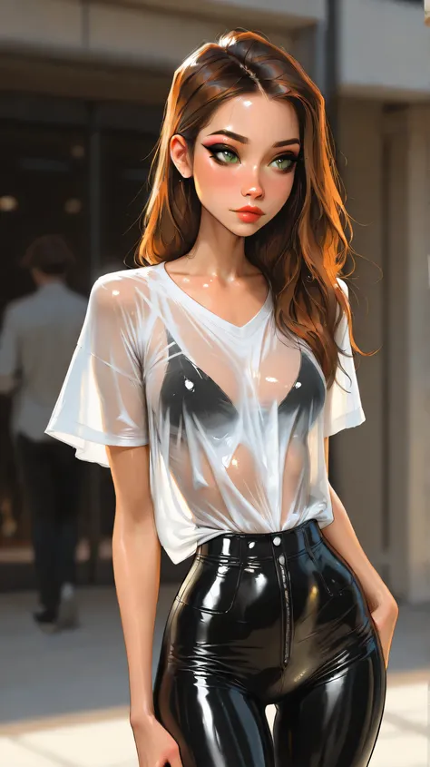 masterpiece, Best Quality,great quality, highest score, 1girl, skinny, short brown hair, greenish eyes, eyeliner,   seductive,see through white shirt, tight leather pants, , sam yang, shirow masamune art style, masterpiece, best quality, very aesthetic, mo...