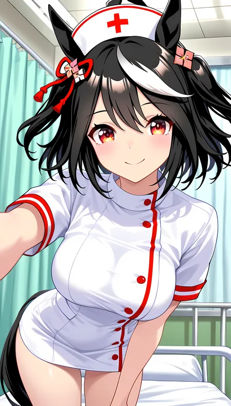 ((top quality, masterpiece, high res)), one girl, kitasan black\(umamusume\),  nurse, nurse, Hospital room, Smile Yan, miniskirt, Chest Valley