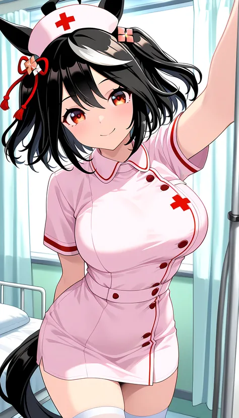((top quality, masterpiece, high res)), one girl, kitasan black\(umamusume\),  nurse, nurse, Hospital room, Smile Yan, miniskirt, Chest Valley
