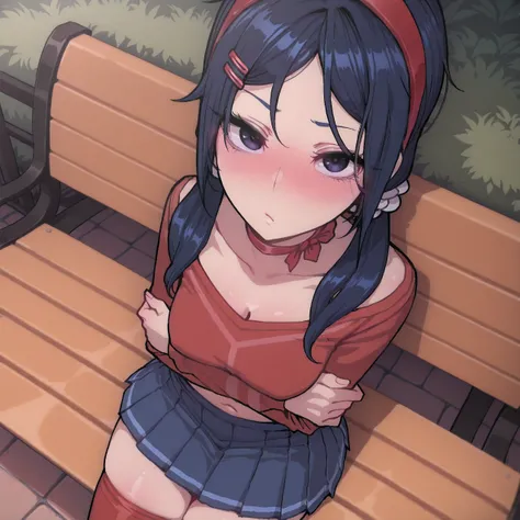 ratatatat74,highres, hi res, best quality, masterpiece, 2d, intricate details, 4k, anime coloring, shadow, uncensored, eyelashes, nose, nose blush,anime , anime face, long hair , dark blue hair, dark violet eyes, red hairband , red hairclips , hair orname...